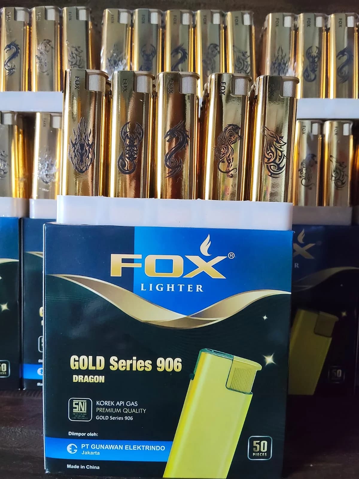 Korek Api Gas FOX Gold Series 906 Dragon Metallic (50 Pcs)